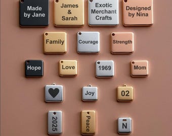 Dije de acero inoxidable personalizado, grabado con láser, dije cuadrado rectangular, dije láser personalizado para bricolaje, suministros para hacer joyas de oro y plata con texto