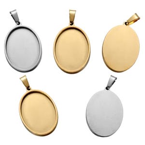 Gold Silver Cabochon Settings Stainless Steel Round Oval Bezel Tray Blanks Pendants with Clasp Glass Cabochon Pendant Tray 13 mm 25 mm 40 mm