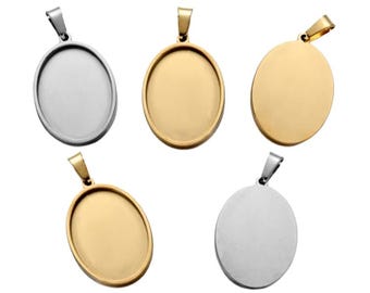 Gold Silver Cabochon Settings Stainless Steel Round Oval Bezel Tray Blanks Pendants with Clasp Glass Cabochon Pendant Tray 13 mm 25 mm 40 mm