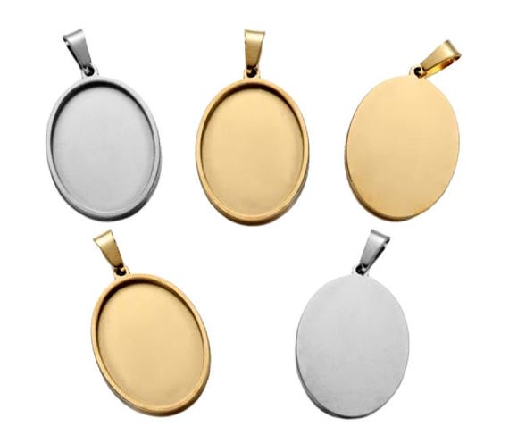 Gold Silver Cabochon Settings Stainless Steel Round Oval Bezel Tray Blanks Pendants with Clasp Glass Cabochon Pendant Tray 13 mm 25 mm 40 mm