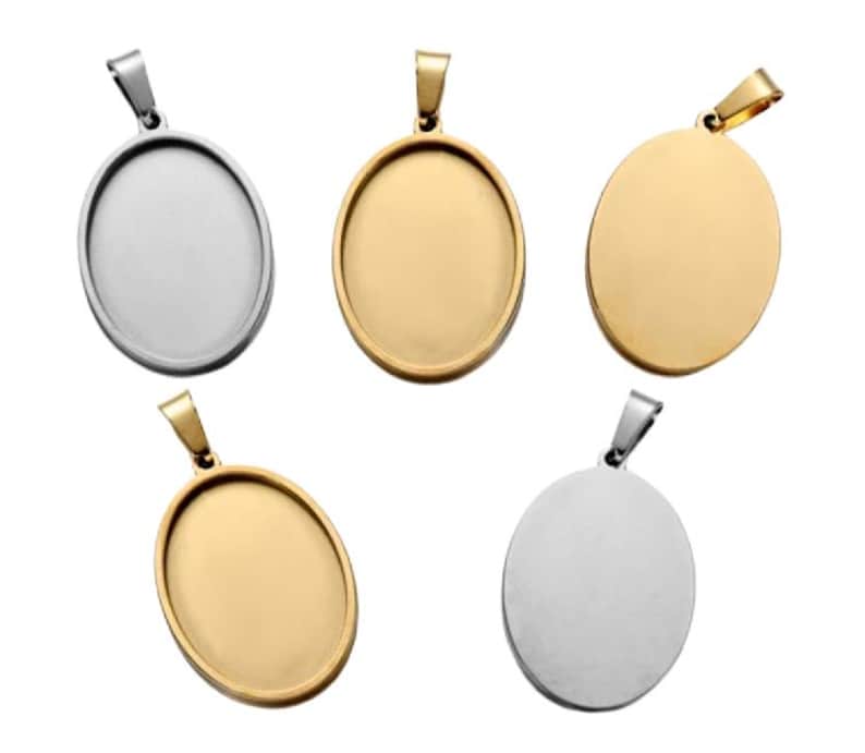 Gold Silver Cabochon Settings Stainless Steel Round Oval Bezel Tray Blanks Pendants with Clasp Glass Cabochon Pendant Tray 13 mm 25 mm 40 mm image 1