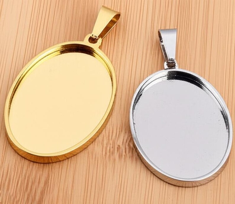 Gold Silver Cabochon Settings Stainless Steel Round Oval Bezel Tray Blanks Pendants with Clasp Glass Cabochon Pendant Tray 13 mm 25 mm 40 mm image 3