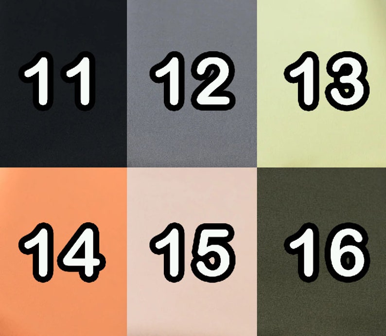 Op de afbeelding: Een close-up van zes stofstalen met de nummers 11 tot en met 16 erop gedrukt. De stalen zijn in zwart, grijs, lichtgeel, perzik, lichtroze en donkergroen.