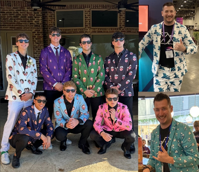 May include: A group of people wearing patterned blazers with different faces printed on them. Some are standing, while others are kneeling. The blazers are in various colors, including purple, green, blue, and pink. The people are all wearing sunglasses.