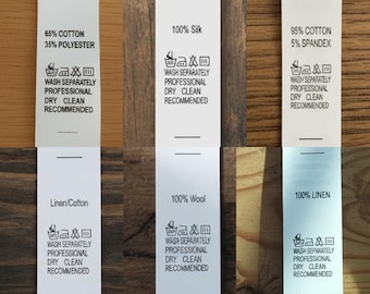 100 Clothing Labels - Washing Instructions Fabric Sew in Sew On Wash Care Labels - 100% Cotton Wool Silk Polyester Elastane Spandex Linen