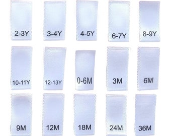 50 etiquetas de talla de ropa de satén blanco - Etiqueta de talla tejida numérica - Pestañas de talla de camiseta - Etiquetas plegadas - 2-3Y 3-4Y 4-5Y 6-7Y 8-9Y 10-11Y 12-13Y