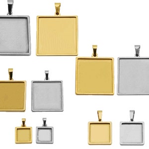 Gold Silver Cabochon Settings 10mm 15mm 20mm 25mm 30mm Stainless Steel Square Bezel Tray Blanks Pendants with Clasp Cabochon Pendant Tray
