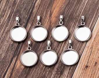 Blank 1 inch 25mm Pendant Trays - Round Assorted Shiny Silver Metal Bezels Settings 25 mm Photos Charms Stainless Steel Round Cabochon Tray
