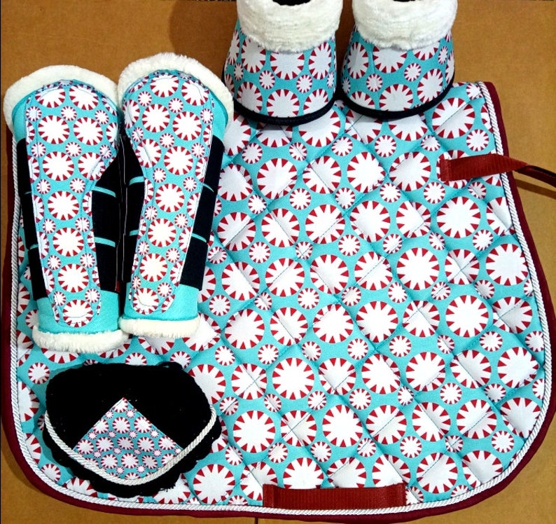 Luxury Handmade Saddle Pad Numnah, Fly Veil and Brushing Boots