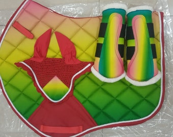 Equestrian Saddle Pad Set including Fly Veil - Brushing Boots