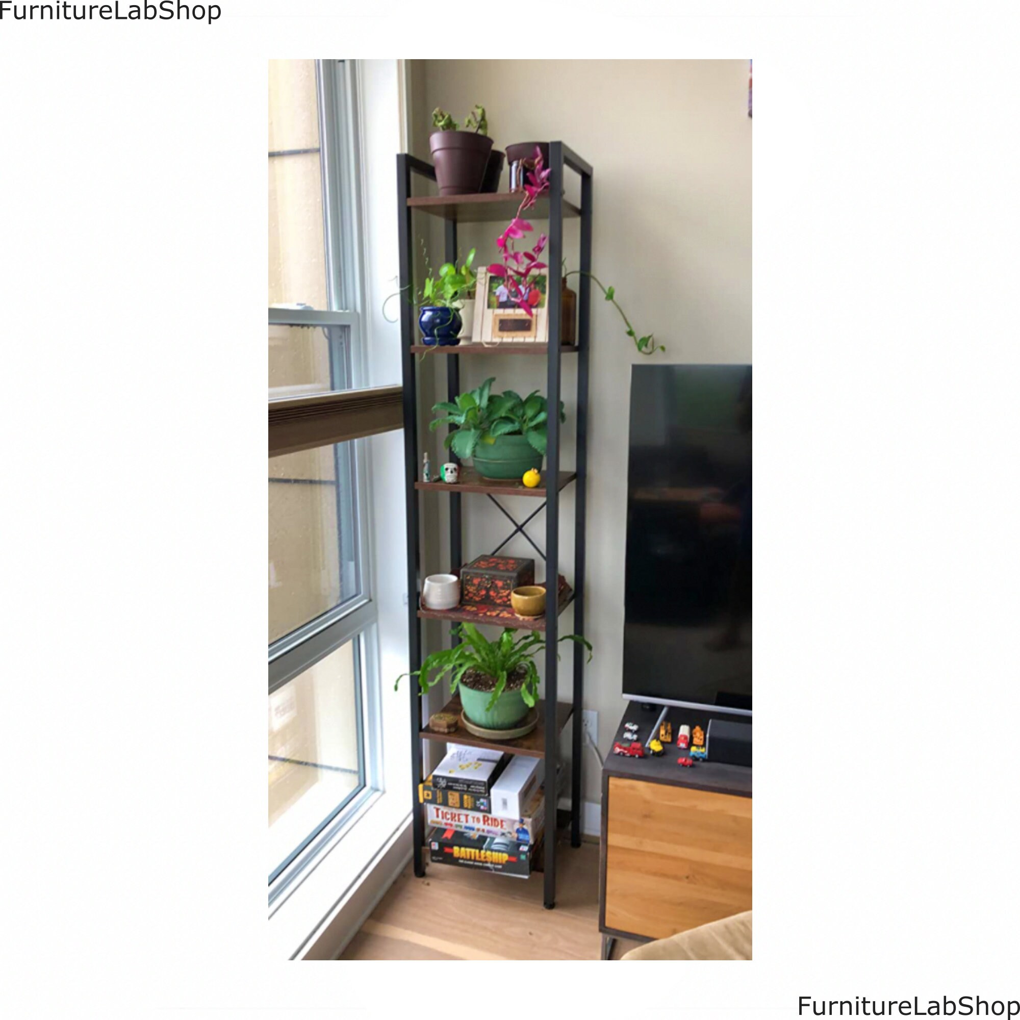Industrial Tall Shelving Unit Rustic Slim Bookcase Metal Wood - Etsy