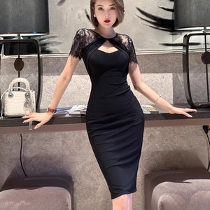 Lace modern cheongsam dress | Elegant black evening dress | Sexy prom gown | Tea ceremony | Event dress | office lady dress|High-end dress