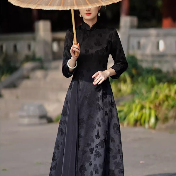 robe traditionnelle chinoise | cheongsam noir en ligne | jacquard qipao pour cérémonie du thé/bal/dîner de mariage | robe grande taille | cadeau pour les femmes