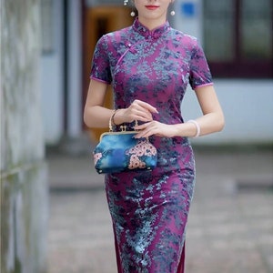 Traditional Chinese full dress |Purple cheongsam dress |Retro elastic velvet qipao dress |mandarin collar dress for Party |gift for women