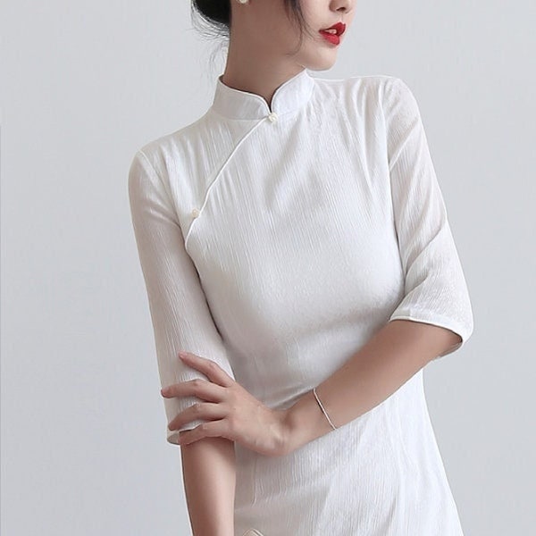 White Qipao Modern dress |Minimalist Cheongsam wedding |Traditional Chinese dress for party,Celebration,Tea ceremon |Daily knee length Qipao