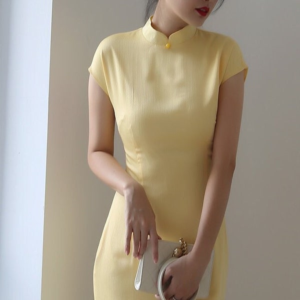 Minimalist jacquard cheongsam gown. Yellow modern qipao. tea ceremony. Mandarin collar. Casual everyday cheongsam for all. gift for her.