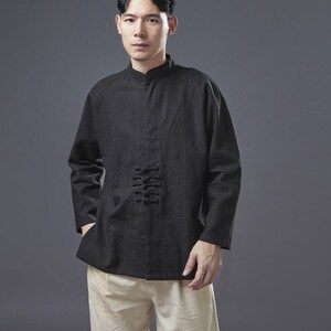 Costume Tang traditionnel chinois haut Chemise en lin minimaliste Top rétro décontracté Kung Fu top Fait main Noir