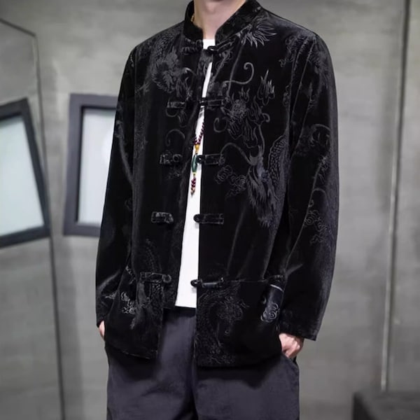 Traditional Black Chinese Jacket | Minimalist Jacket | Velvet Tai Chi Uniform | Kung Fu Jacket | Tea Ceremony | New Year | Gifts for Him