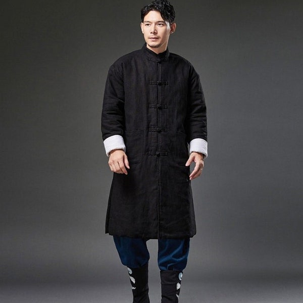 Manteau traditionnel chinois pour hommes | manteau chaud d'hiver rétro | costume Han pour hommes, veste de costume Tang | haut en coton lin minimaliste | cadeau pour hommes Nouvel An