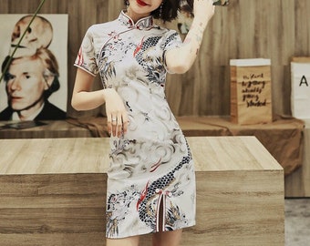 Traditional Chinese dress |modern short cheongsam dress |Cute Mini qipao |short party dress |Dragon pattern qipao dress |gift for women