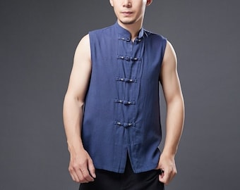 Chinese traditional men's shirt. Vintage men's top. Kung Fu T-shirt. Sleeveless T-shirt. Minimalist linen shirt. Gifts for men