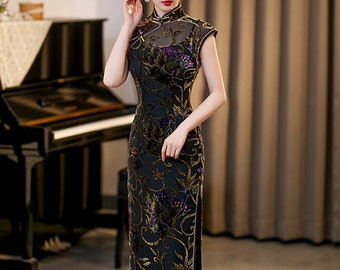 Traditional Chinese dress. Modern sleeveless cheongsam dress. Black Qipao. Vintage elegant lace evening dress. Tea ceremony. Mandarin collar