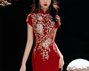 traditional chinese wedding cheongsam | red modern qipao | embroidered dress | elegant wedding dress | tea ceremony | gift for her |