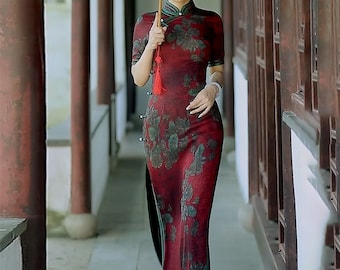 Traditional Chinese dress |Red embroidery qipao dress |Modern cheongsam wedding |Tea ceremony |Retro dress For Prom /Party |Gift for women