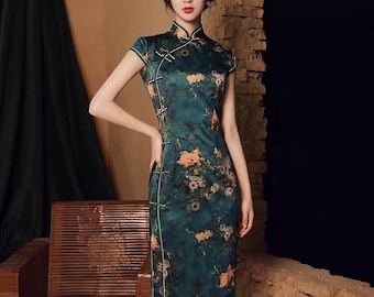 Traditional Chinese dress |modern cheongsam dress |short qipao skirt |green, embroidery, short sleeves, collar, tea ceremony |gift for women