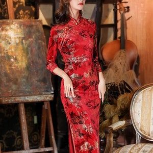 Traditional Chinese wedding dress|modern cheongsam dress|red, long sleeved|velvet qipao dress|banquet dress, bridesmaid dress|gift for women