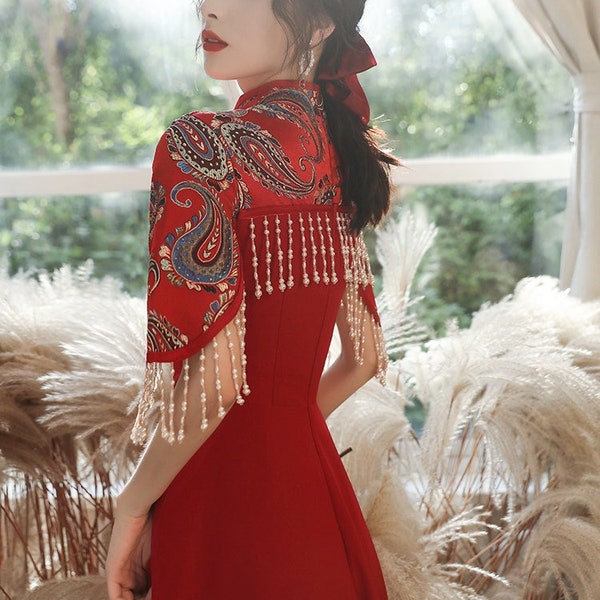 Red Jacquard Tassels Bride Wedding Cheongsam Qipao Dress