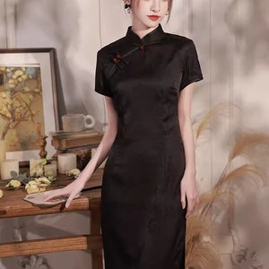 traditional black cheongsam | short sleeve modern qipao dress | elegant ball gown | tailor-made plus size dress | tea ceremony |dinner party