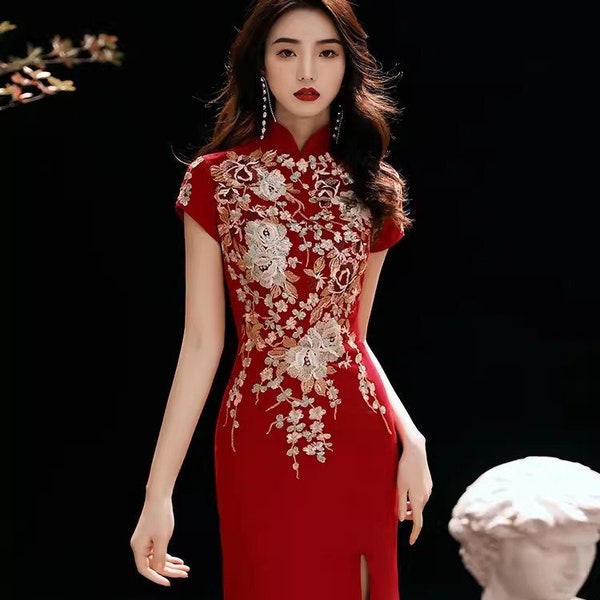 traditional chinese wedding cheongsam | red modern qipao | embroidered dress | elegant wedding dress | tea ceremony | gift for her |