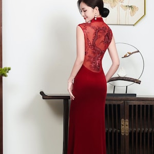 Traditional Red Cheongsam wedding |Velvet Qipao dress for Party/Tea ceremony/Prom |Chinese dragon dress |Custom dress for all |Oversized