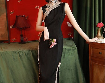 Traditional Chinese dress. Satin black cheongsam. Sleeveless modern qipao gown. tea ceremony. Wedding dinner. Plus size gown/custom gown