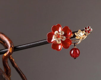 Chinese traditional hair accessories. Handmade Vintage hairpin. Classic hair stick. Red flower hairpin jewelry.  gift for woman.