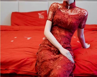 Traditional Chinese Wedding Cheongsam |Lace Red Modern Qipao |Chinese Wedding Dress |Tea ceremony, Wedding dinner |Bride Dress |gift for her