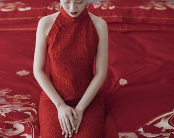 Traditional Chinese dress |Sleeveless Modern  cheongsam wedding |Halter off shoulder qipao dress |Red |Tea ceremony |Bride gift |for women
