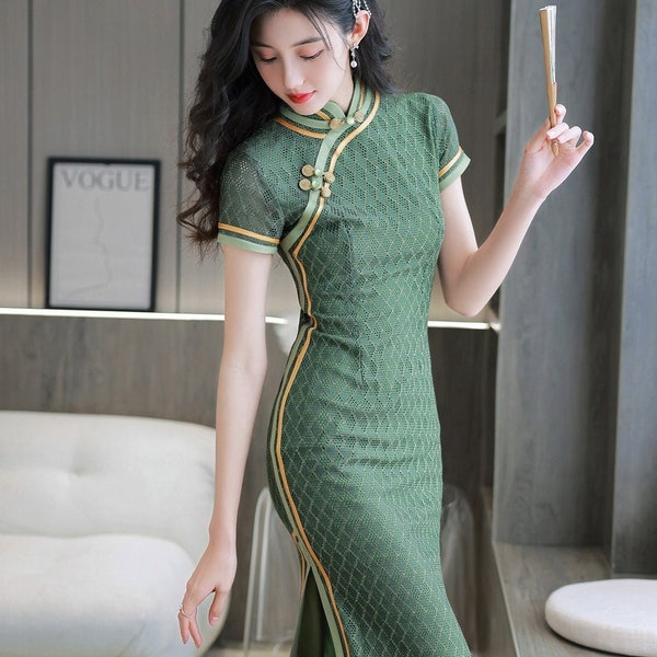 Vêtements complets traditionnels chinois | Robe cheongsam verte pour cérémonie du thé / fête / défilé | Élégante robe de soirée moderne en dentelle Qipao| Cadeau pour femme