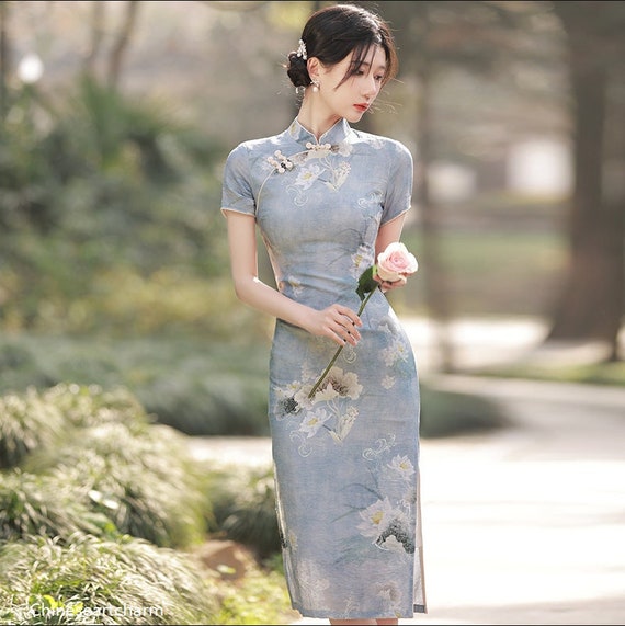 Traditional Chinese Dress modern Cheongsam Dress retro Activity Dress short  Sleeve Blue bridesmaid Dressestea Ceremonygift for Women 