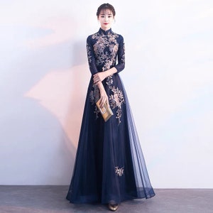 Traditional Chinese A-line dress |Blue Cheongsam|Embroidered A-line Qipao for Tea ceremony/Wedding dinner/Party |Elegant evening dress