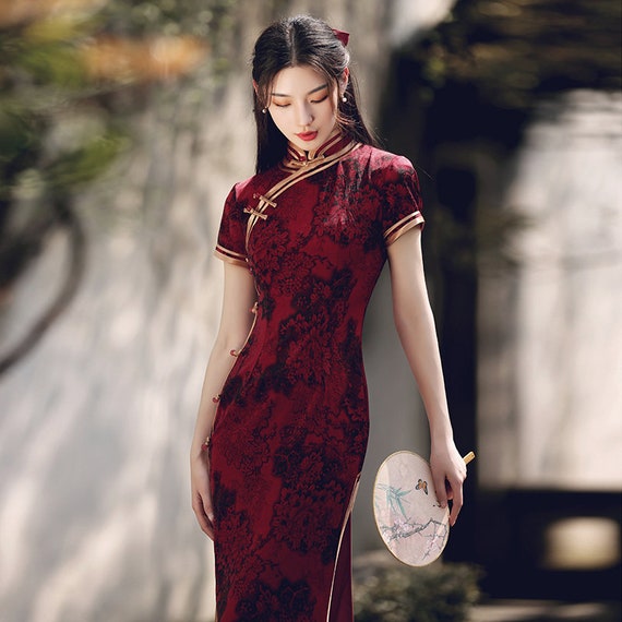 Chinese Traditional Cheongsam Dress, Elegant Long Qipao Dress, Red Qipao  Dress, Flowers, Short Sleeves, Long Evening Dress, Gifts for Women. -   Denmark