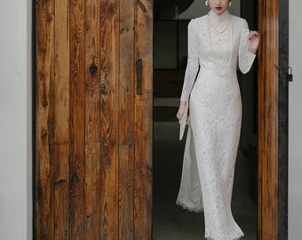 White Cheongsam wedding dress. Traditional Chinese wedding dress. Lace Chiffon Modern qipao for All. Tea ceremony. Evening dress. bride