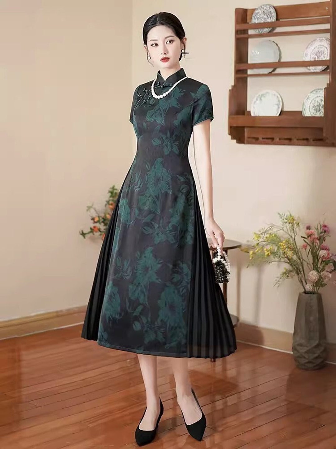 cheongsam a line dress Floral Embroidered Loose A line Cheongsam Qipao Dress main image 1