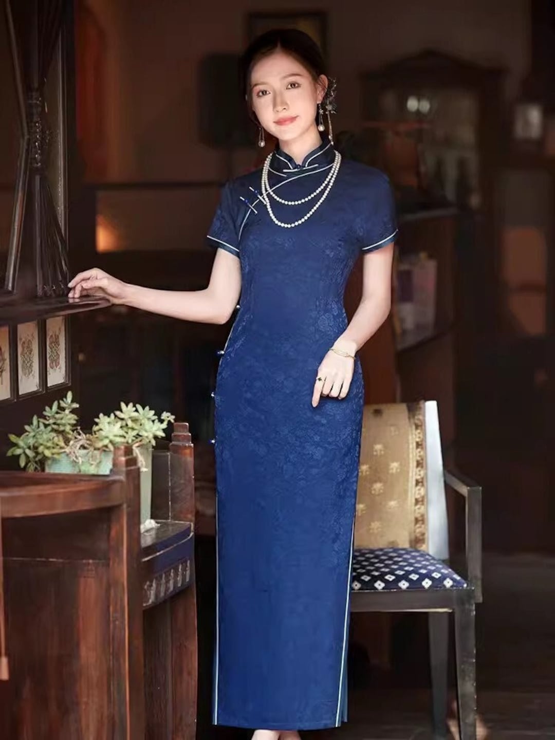 Traditional Chinese Cheongsam Dress blue Modern Qipao jacquard Satin