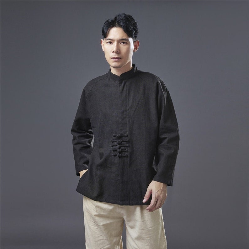 Costume Tang traditionnel chinois haut Chemise en lin minimaliste Top rétro décontracté Kung Fu top Fait main Noir