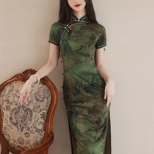 Green Traditional Cheongsam dress. Evening dress. Chinese dress. Elegant Modern Qipao Short sleeves. Tea ceremony. Mandarin collar. gift