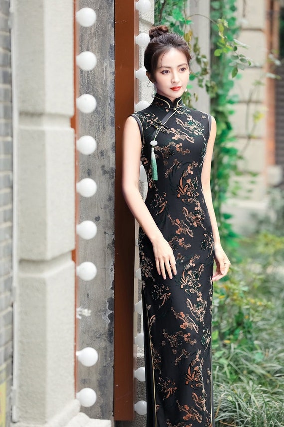 Traditional Chinese Dress. Modern Sleeveless Cheongsam Dress. Black Qipao.  Tea Ceremony. Wedding Cheongsam. Mandarin Collar.custom Dress.5xl 