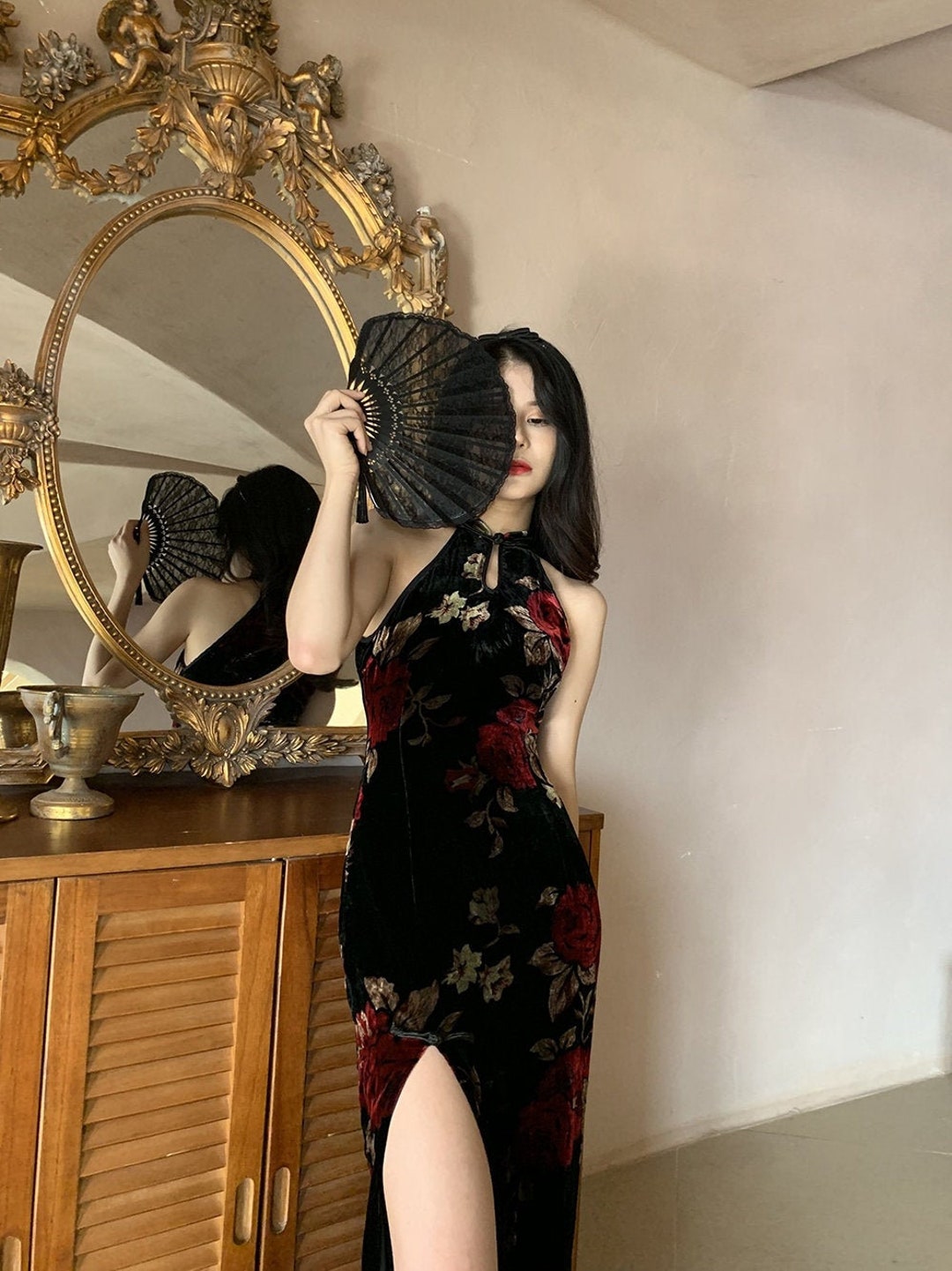 Velvet Chinese Ao dai, midi velvet Qipao, velvet midi black Ao dai