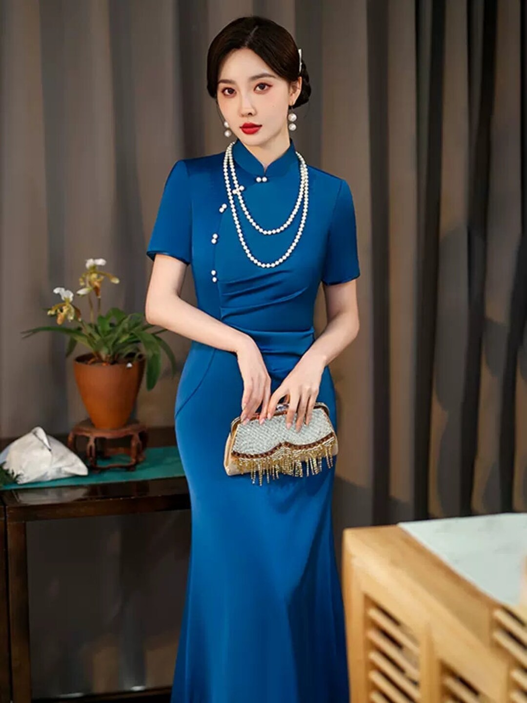 Stunning Cheongsam Dress chinese Dress blue Modern Qipao tea Ceremony